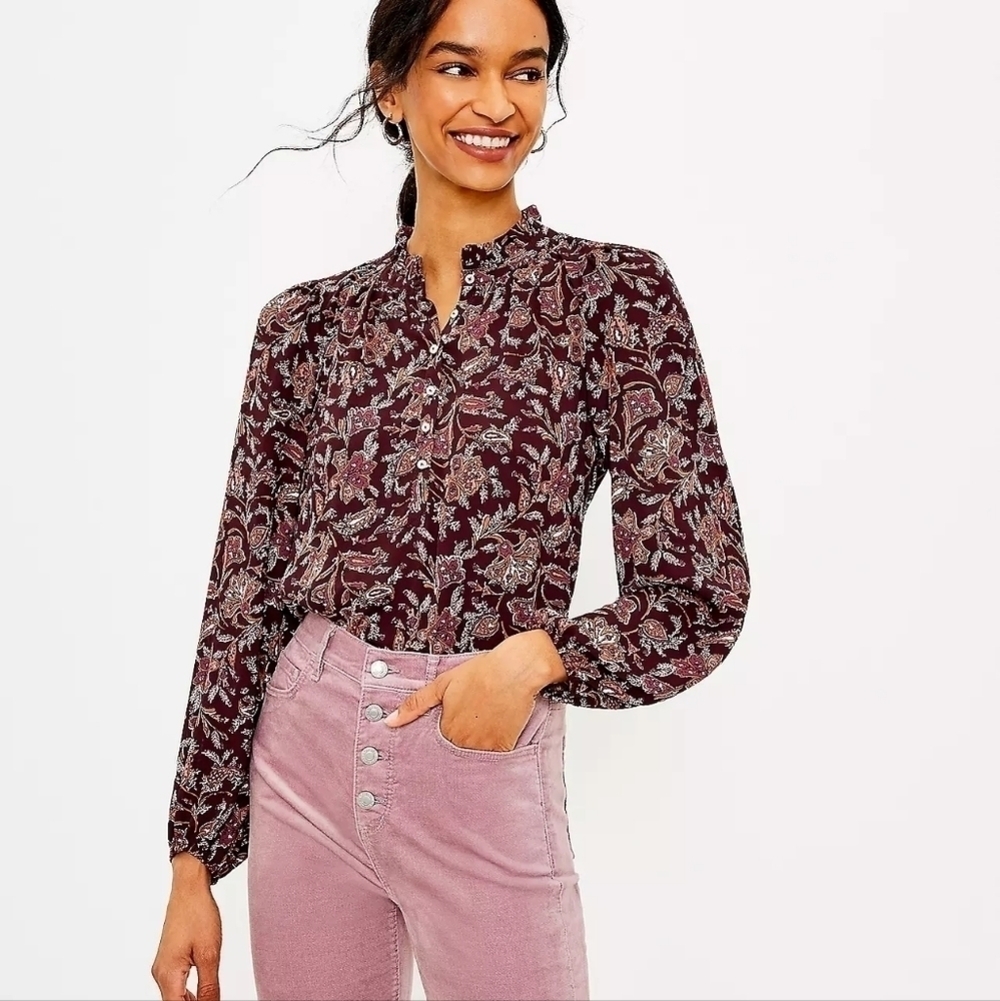 LOFT Women's Ruffle Neck Mixed Media Top Size S NWT